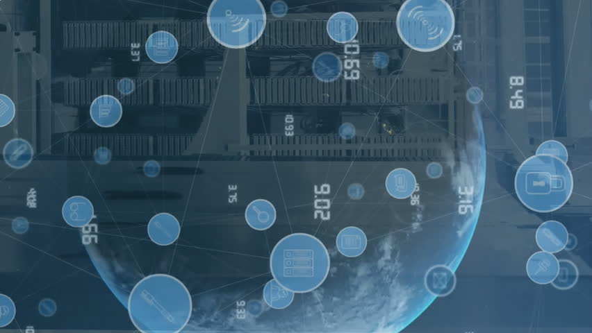 Animation of media hubs and globe over processing data and server room. Connection, data, global communication and digital interface digitally generated video. - Powered by Shutterstock - Get 15% off with code: PIKWIZARD15