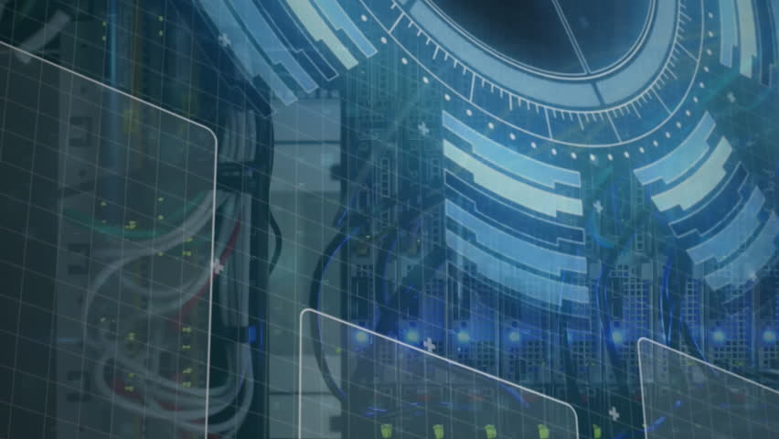 Animation of data processing on screens over computer wires. computers, network, data processing, technology and digital interface concept digitally generated video. - Powered by Shutterstock - Get 15% off with code: PIKWIZARD15