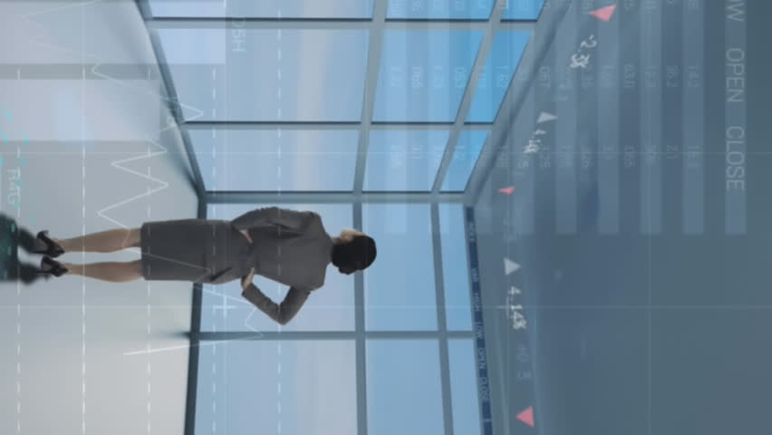 Animation of world map, icons and data processing over back view of woman standing in office. Computers, programming, data processing and technology concept digitally generated video.