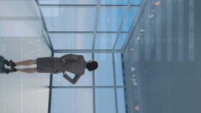 Animation of world map, icons and data processing over back view of woman standing in office. Computers, programming, data processing and technology concept digitally generated video. - Powered by Shutterstock - Get 15% off with code: PIKWIZARD15