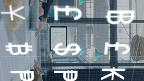 Animation of multiple letters and symbols over diverse coworkers shaking hands after meeting. Digital composite, multiple exposure, sign, cryptocurrency, banking, teamwork and technology concept. - Powered by Shutterstock - Get 15% off with code: PIKWIZARD15