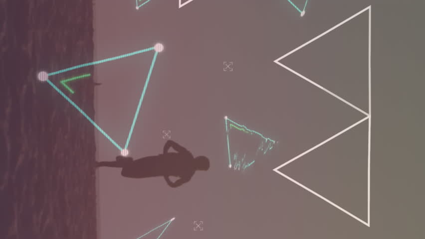 Animation of multiple triangles over silhouette of african american man running on beach. Digital composite, multiple exposure, shape, training, health and fitness concept. - Powered by Shutterstock - Get 15% off with code: PIKWIZARD15