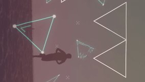 Animation of multiple triangles over silhouette of african american man running on beach. Digital composite, multiple exposure, shape, training, health and fitness concept. - Powered by Shutterstock - Get 15% off with code: PIKWIZARD15