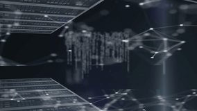 Animation of arrow, numbers in cloud, connected dots and computer language over data server racks. Digital composite, communication, cloud computing, data center, networking, coding and technology. - Powered by Shutterstock - Get 15% off with code: PIKWIZARD15