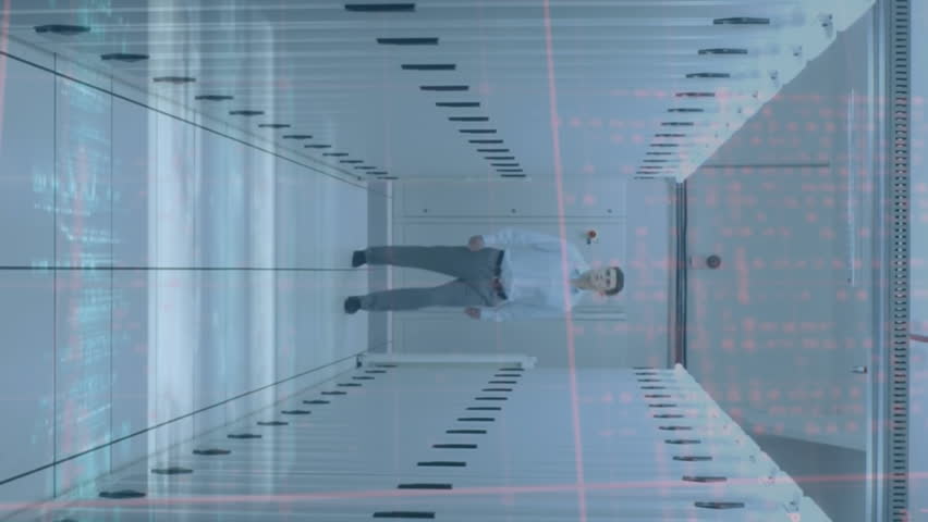 Animation of neon round scanner spinning against caucasian male engineer walking at server room. Computer interface and business data storage technology concept - Powered by Shutterstock - Get 15% off with code: PIKWIZARD15