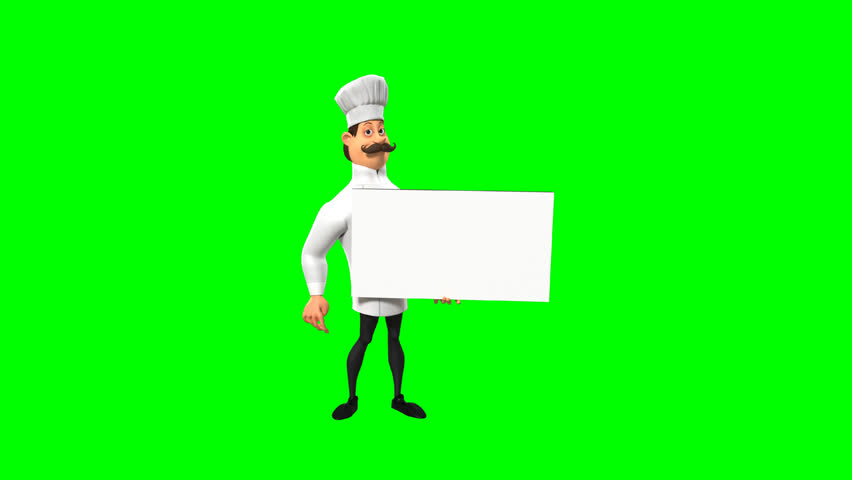 3D animation of Chef Rocco holding a blank card on green screen. Perfect for promo, recipe tips, or restaurant branding assets.