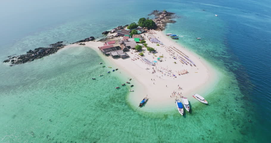 Aerial view Amazing small island beautiful tropical sandy beach landscape view at koh Khai Island in Phang Nga Thailand,Amazing small island in tropical sea,High definition video