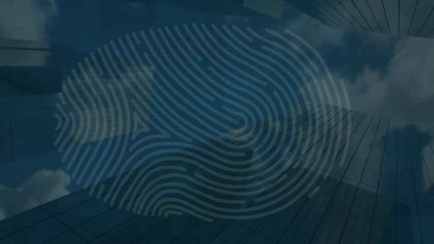 Animation of scanning fingerprint, changing numbers, low angle view of buildings against cloudy sky. Digital composite, multiple exposure, biometric, protection, business, growth and architecture.