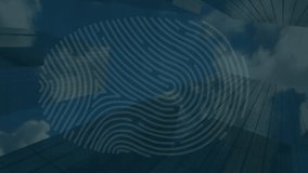 Animation of scanning fingerprint, changing numbers, low angle view of buildings against cloudy sky. Digital composite, multiple exposure, biometric, protection, business, growth and architecture. - Powered by Shutterstock - Get 15% off with code: PIKWIZARD15