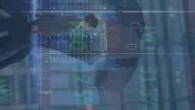 Animation of data processing and caucasian businesswoman over caucasian businessman using vr headset. global business, finances, connections and digital interface concept digitally generated video. - Powered by Shutterstock - Get 15% off with code: PIKWIZARD15