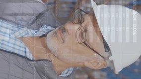 Statistical data processing over portrait of caucasian senior male supervisor smiling at warehouse. logistics and transportation business concept - Powered by Shutterstock - Get 15% off with code: PIKWIZARD15