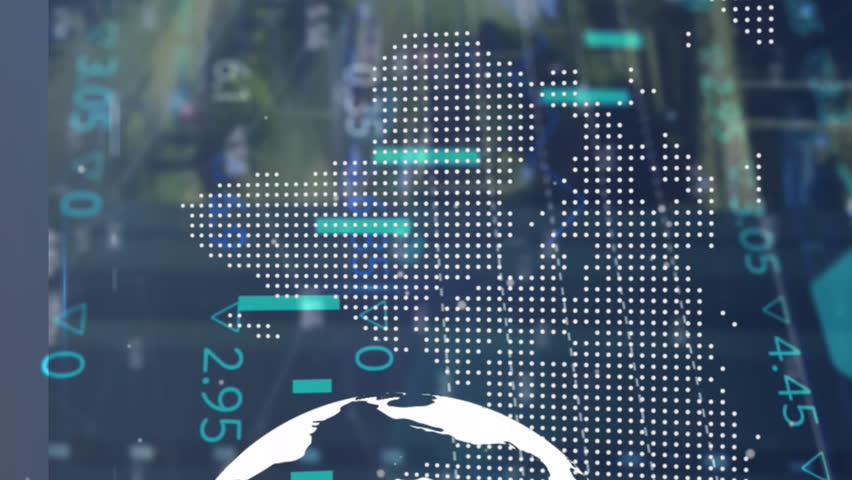 Animation of statistical data processing over spinning globe and world map against city traffic. Global networking and business data technology concept - Powered by Shutterstock - Get 15% off with code: PIKWIZARD15