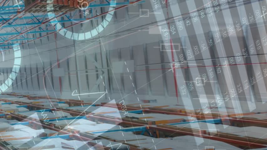 Animation of financial data processing over warehouse. global business, data processing, digital interface, technology and shipping concept digitally generated video. - Powered by Shutterstock - Get 15% off with code: PIKWIZARD15