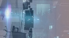 Animation of data processing, network of profile icons and blue light spots against empty office. Global networking and business technology concept - Powered by Shutterstock - Get 15% off with code: PIKWIZARD15