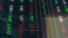 Animaton of statistical and stock market data processing against aerial view of cityscape. Global economy and business technology concept - Powered by Shutterstock - Get 15% off with code: PIKWIZARD15