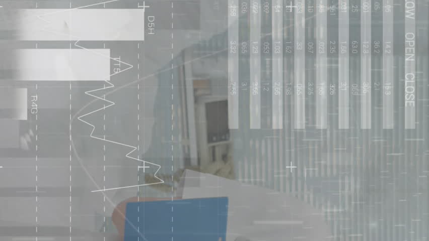 Animation of data processing over caucasian female doctor with file. Global medicine, healthcare services, connections, computing and data processing concept digitally generated video.