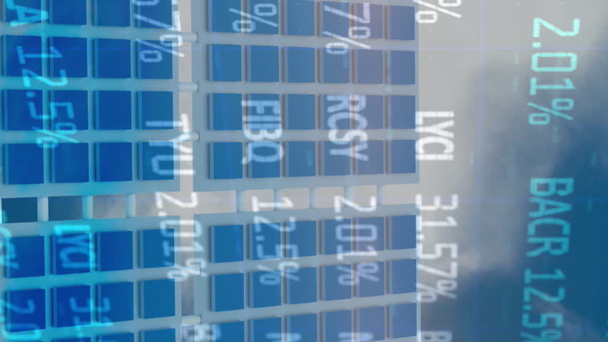 Animation of trading board over solar panels against cloudy sky in background. Digital composite, multiple exposure, business, stock market, renewable, solar energy and conservation concept. - Powered by Shutterstock - Get 15% off with code: PIKWIZARD15