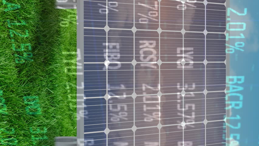 Animation of multicolored trading board over solar panels on green field against cloudy sky. Digital composite, multiple exposure, business, stock market, renewable, solar energy and conservation. - Powered by Shutterstock - Get 15% off with code: PIKWIZARD15