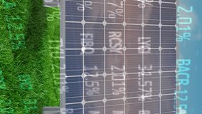Animation of multicolored trading board over solar panels on green field against cloudy sky. Digital composite, multiple exposure, business, stock market, renewable, solar energy and conservation. - Powered by Shutterstock - Get 15% off with code: PIKWIZARD15