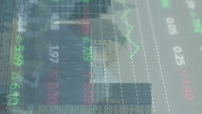 Animation of stock market data processing against aerial view of cityscape. Global economy and business technology concept - Powered by Shutterstock - Get 15% off with code: PIKWIZARD15