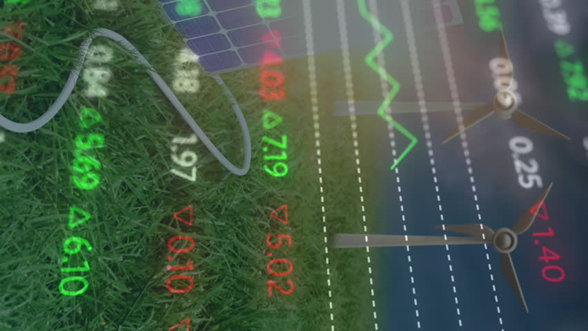 Animation of financial data processing over wind turbines and solar panel. global business, finances and digital interface concept digitally generated video. - Powered by Shutterstock - Get 15% off with code: PIKWIZARD15