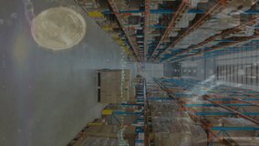 Animation of stock market data processing over empty warehouse against coins falling in the water. Global economy and logistics business technology concept - Powered by Shutterstock - Get 15% off with code: PIKWIZARD15