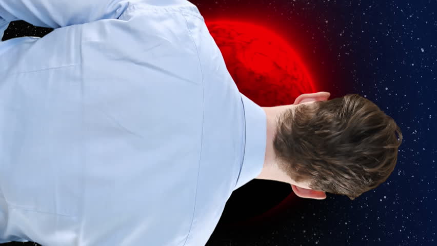 Caucasian man wearing vr headset against data processing and spot of light on blue background. Global business finances connections and digital interface concept digitally generated video. - Powered by Shutterstock - Get 15% off with code: PIKWIZARD15