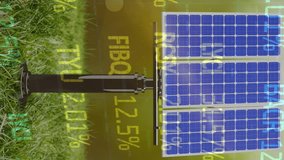 Animation of trading board and solar panel on grassy field over rotating globe. Digital composite, multiple exposure, globalization, stock market, investment, solar energy, electricity, sustainable. - Powered by Shutterstock - Get 15% off with code: PIKWIZARD15