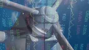 The animation of a wind turbine on a sky background represents the global data processing concept of the stock market. The numbers and graphs on the screen represent the prices of stocks, which are - Powered by Shutterstock - Get 15% off with code: PIKWIZARD15