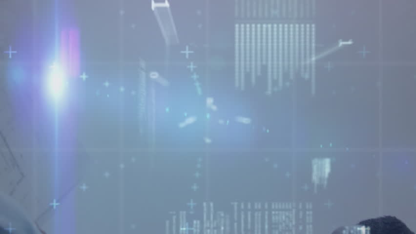 Animation of graphs, binary codes, computer language over diverse coworkers discussing blueprint. Digital composite, multiple exposure, office, report, business, teamwork and communication concept. - Powered by Shutterstock - Get 15% off with code: PIKWIZARD15