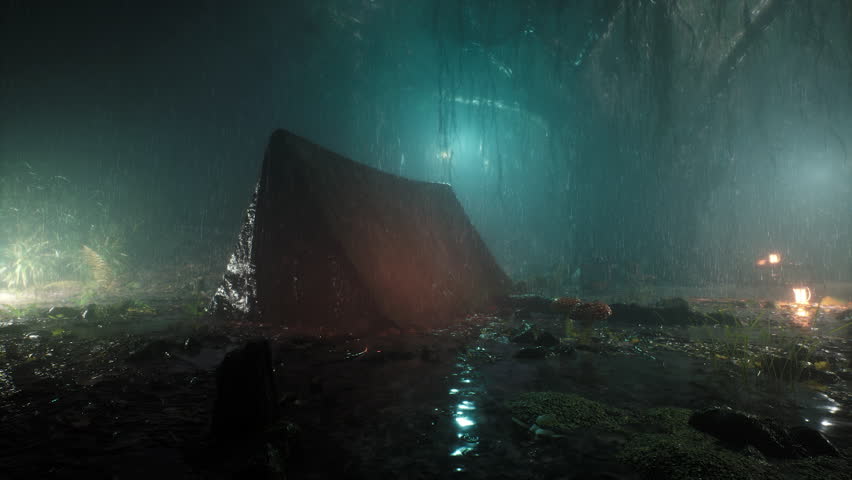Tent In The Forest On Rainy Night