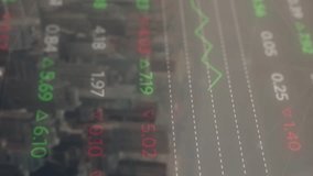 Animation of financial data processing over cityscape with modern office buildings. Global business, finance, computing and data processing concept digitally generated video. - Powered by Shutterstock - Get 15% off with code: PIKWIZARD15