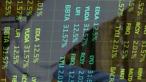 Animation of financial data processing over caucasian man buying coffee. Global business, finances and digital interface concept digitally generated video. - Powered by Shutterstock - Get 15% off with code: PIKWIZARD15