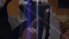 Animation of binary codes, computer language, trading board over caucasian girl holding vr headsets. Digital composite, multiple exposure, stock market, coding, machine learning and technology. - Powered by Shutterstock - Get 15% off with code: PIKWIZARD15