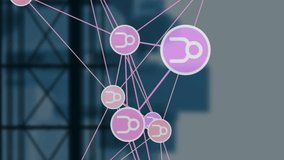 Animation of connected icons, graphs, globes and computer language over modern buildings. Digital composite, multiple exposure, report, business, communication, globalization, architecture concept. - Powered by Shutterstock - Get 15% off with code: PIKWIZARD15