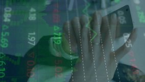 Animation of trading board, trading board, caucasian woman typing on cellphone and adjusting hair. Digital composite, multiple exposure, business, stock market and technology concept. - Powered by Shutterstock - Get 15% off with code: PIKWIZARD15