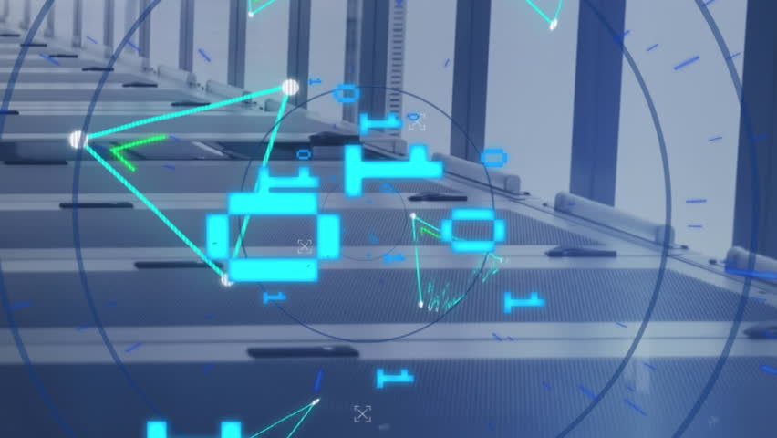 Animation of binary codes over circles and connected dots forming shape against server room. Digital composite, multiple exposure, communication, coding, networking, data server and technology. - Powered by Shutterstock - Get 15% off with code: PIKWIZARD15