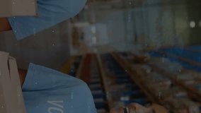 Animation of financial data processing over diverse volunteers in warehouse. global shipping, delivery and connections concept digitally generated video. - Powered by Shutterstock - Get 15% off with code: PIKWIZARD15