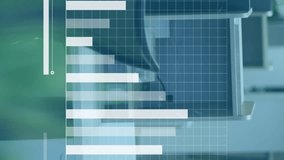 Animation of interface with statistical data processing against view of a office desk. Computer interface and business data technology concept - Powered by Shutterstock - Get 15% off with code: PIKWIZARD15