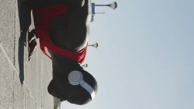 Animation of notification bars over african american athlete wearing headphones and doing push ups. Digital composite, multiple exposure, exercise, training, sports, social media reminder, technology. - Powered by Shutterstock - Get 15% off with code: PIKWIZARD15