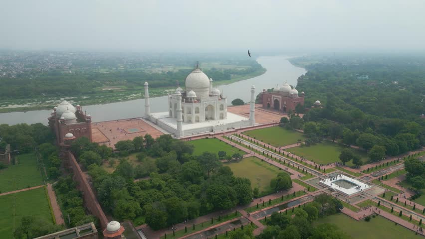 Aerial View of Taj Mahal, Agra, Uttar Pradesh, India. 