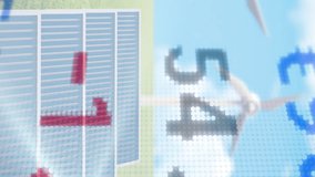 Animation of financial data and graphs over background with solar panels and wind turbines. global finance, economy, renewable resources and technology concept digitally generated video. - Powered by Shutterstock - Get 15% off with code: PIKWIZARD15