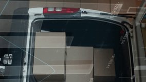 Animation of financial data over caucasian male courier loading packages into car. business, finance and delivery services concept digitally generated video. - Powered by Shutterstock - Get 15% off with code: PIKWIZARD15