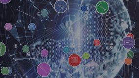 Animation of network of connections with icons over globe. Global connections, data processing and digital interface concept digitally generated video. - Powered by Shutterstock - Get 15% off with code: PIKWIZARD15