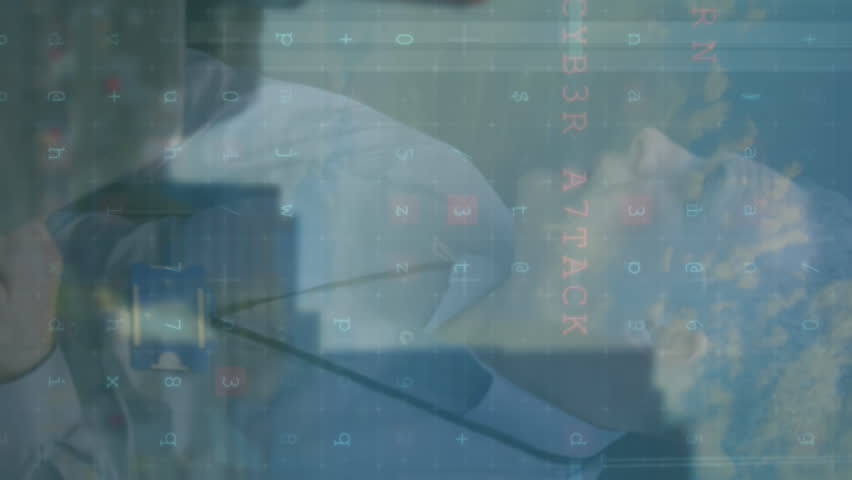 Animation of cyber security and caucasisn programmer over cityscape. Network, data processing, digital security and technology concept digitally generated video. - Powered by Shutterstock - Get 15% off with code: PIKWIZARD15