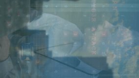 Animation of cyber security and caucasisn programmer over cityscape. Network, data processing, digital security and technology concept digitally generated video. - Powered by Shutterstock - Get 15% off with code: PIKWIZARD15