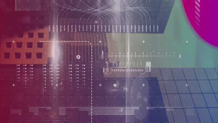 Animation of interface with data processing over liquid abstract shapes against tall buildings. Computer interface and business technology concept - Powered by Shutterstock - Get 15% off with code: PIKWIZARD15