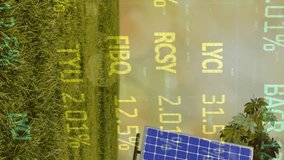 Animation of solar panel on grassy field over moving trading board. Digital composite, multiple exposure, stock market, investment, nature, solar energy, electricity, green technology, sustainability. - Powered by Shutterstock - Get 15% off with code: PIKWIZARD15