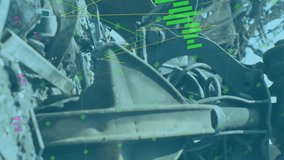 Animation of multiple graphs moving over garbage lifting crane on land at junkyard. Digital composite, multiple exposure, business, report, recycling, landfill, pollution and machinery concept. - Powered by Shutterstock - Get 15% off with code: PIKWIZARD15