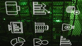 Repeated business and media icons moving over green lit computer servers in dark server room. Communication network, data and digital interface technology, digitally generated video. - Powered by Shutterstock - Get 15% off with code: PIKWIZARD15